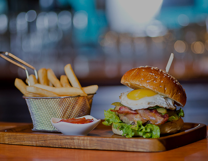 Beef burger served at the lakeside restaurant